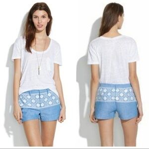 MADEWELL Embroidered Blue Chambray Cotton Shorts 0